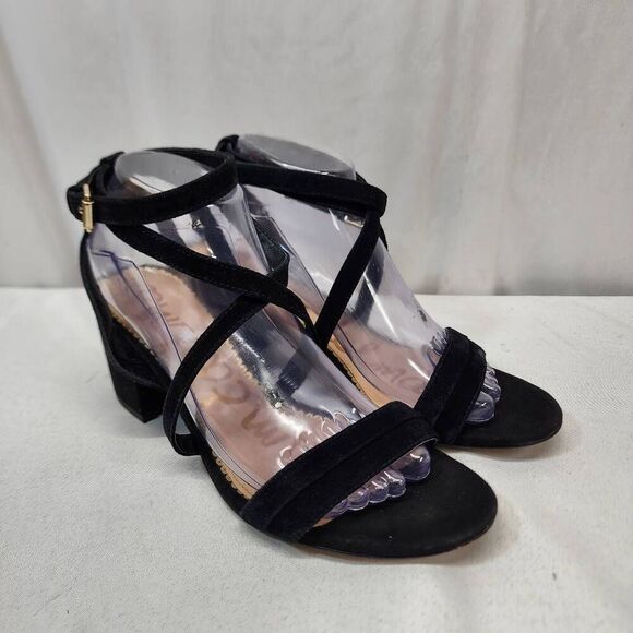 Sam Edelman Womens 9.5 Sammy Suede Leather Black Strappy Sandals Block Heel Shoe - Picture 1 of 11